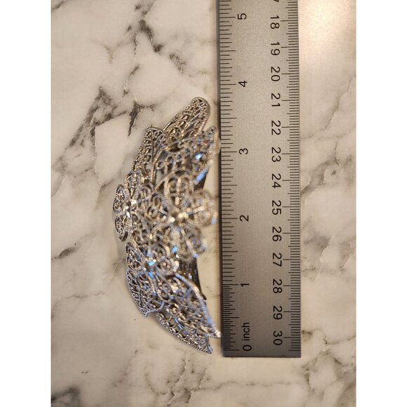 Silver Tone Filigree Floral Hair Clip Barrette With Rhinestones - Picture 5 of 5